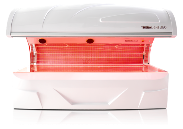 TheraLight 360 full-body light therapy system open with red LEDs illuminated
